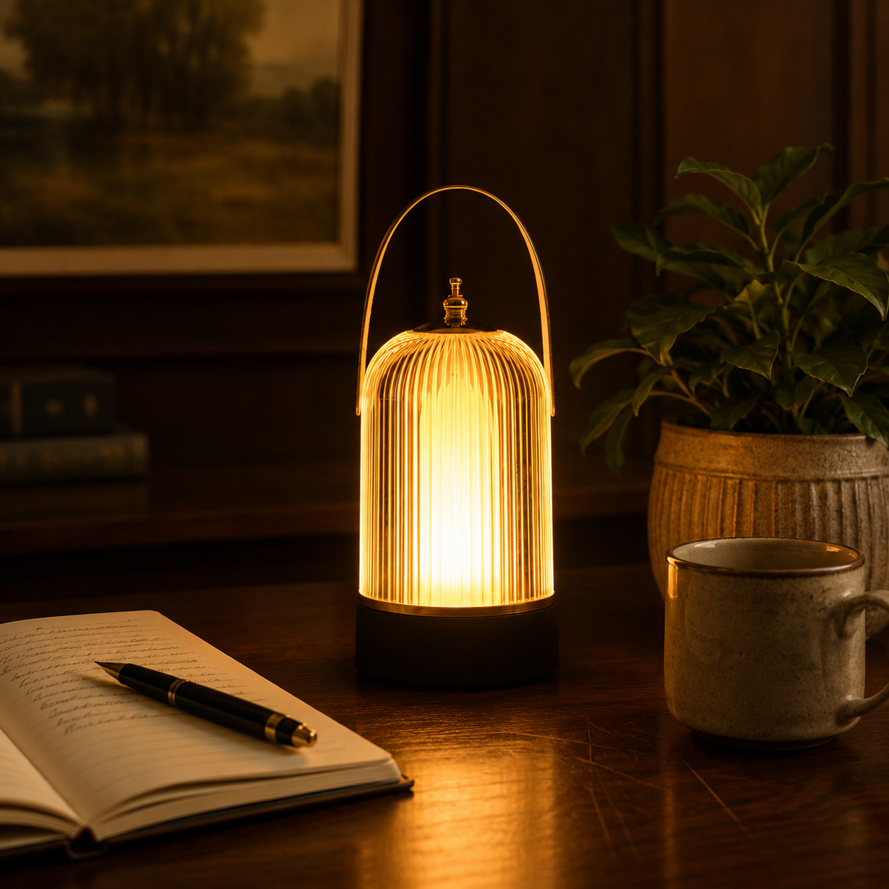 ela Vintage Portable Table Lamp on a wooden bedside table with a warm ambient glow