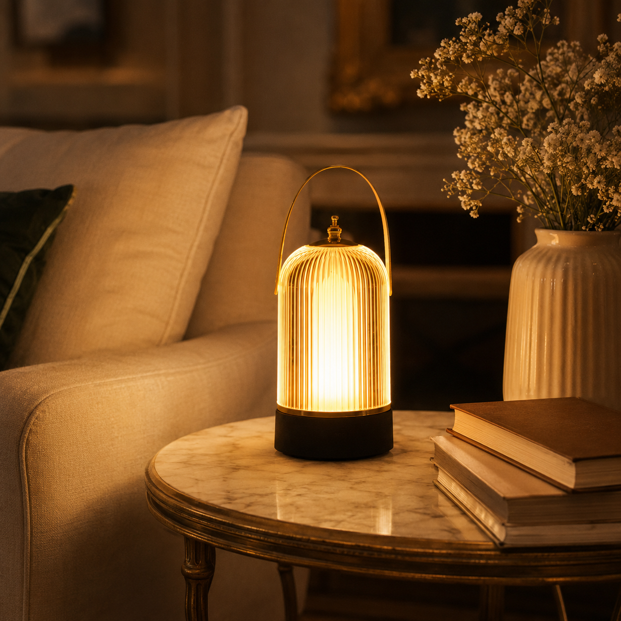 Vela Vintage Portable Table Lamp on a wooden desk with a notebook and coffee mug