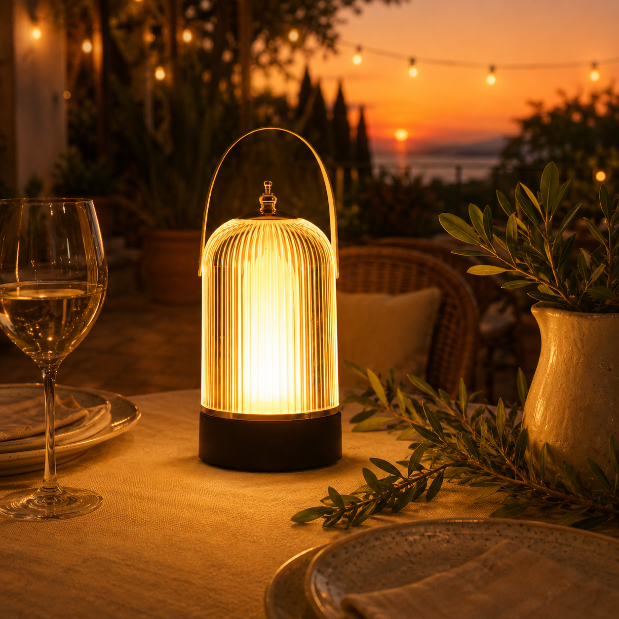 Vela Vintage Portable Table Lamp on an elegant marble dining table with warm lighting