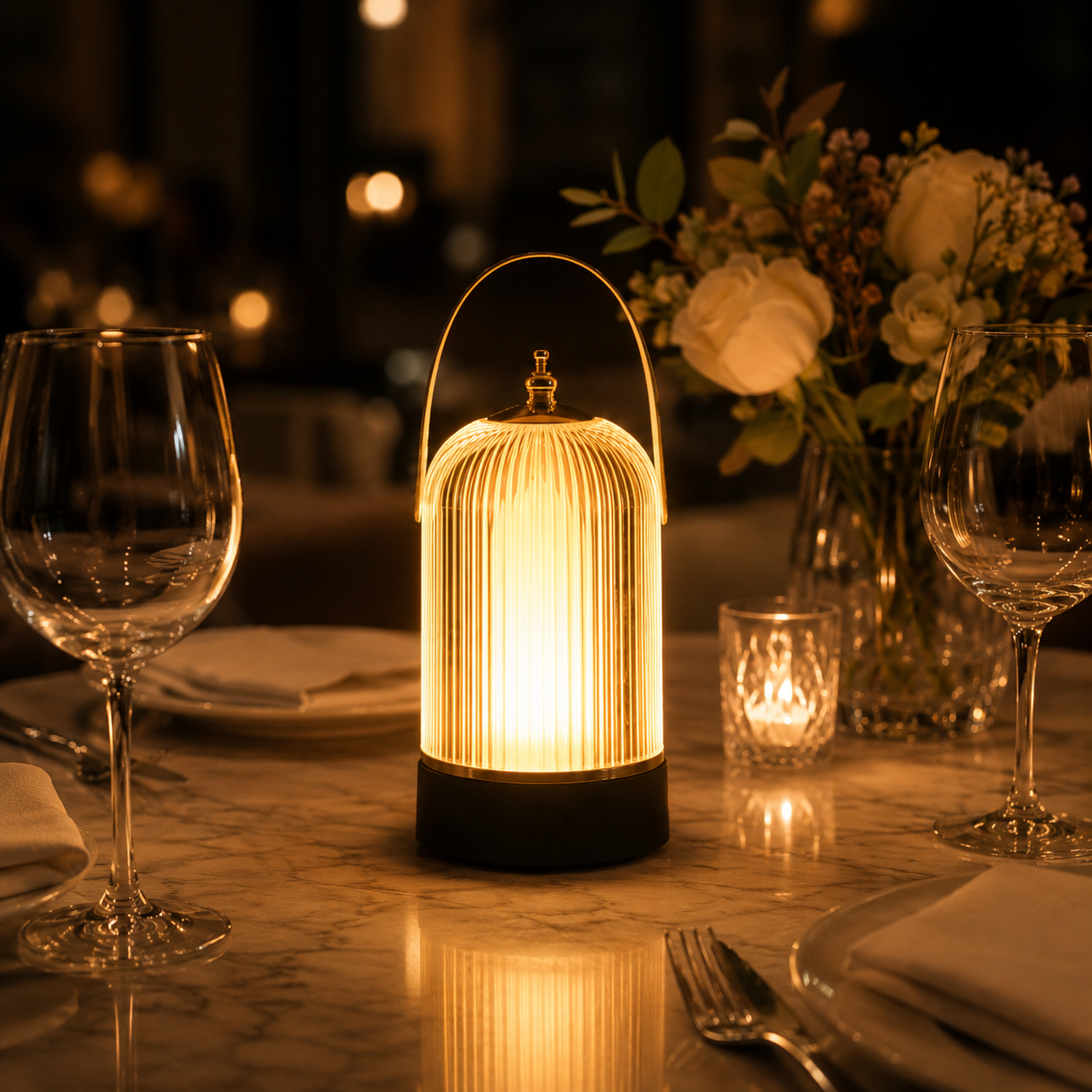 Vela Vintage Portable Table Lamp on a marble side table beside a sofa