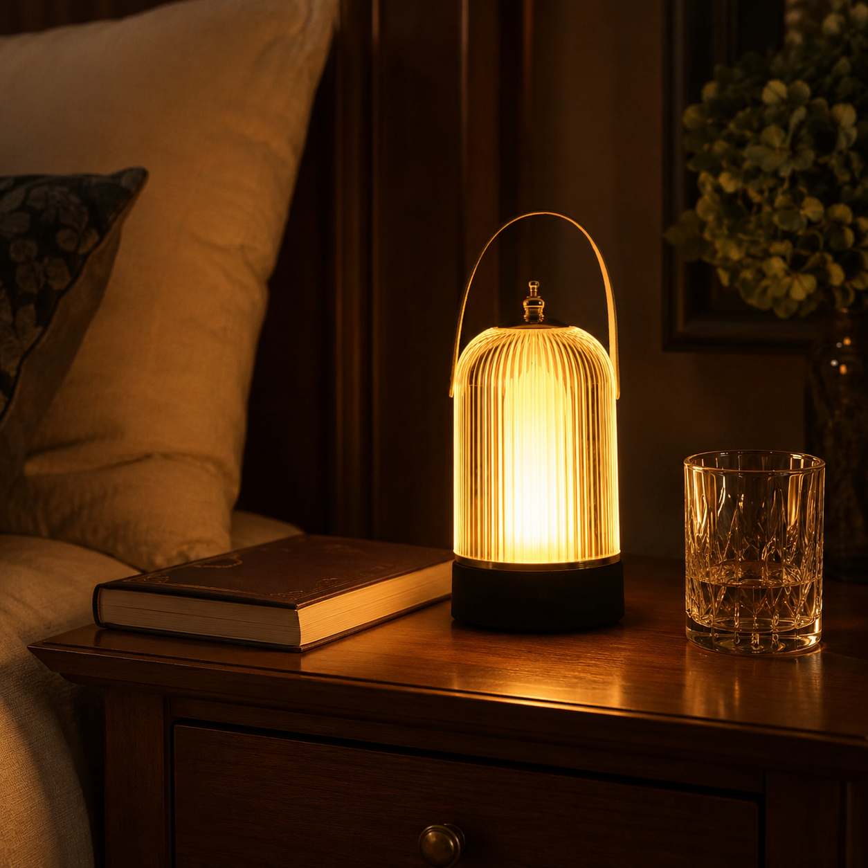 Vela Vintage Portable Table Lamp glowing on an outdoor terrace table at sunset
