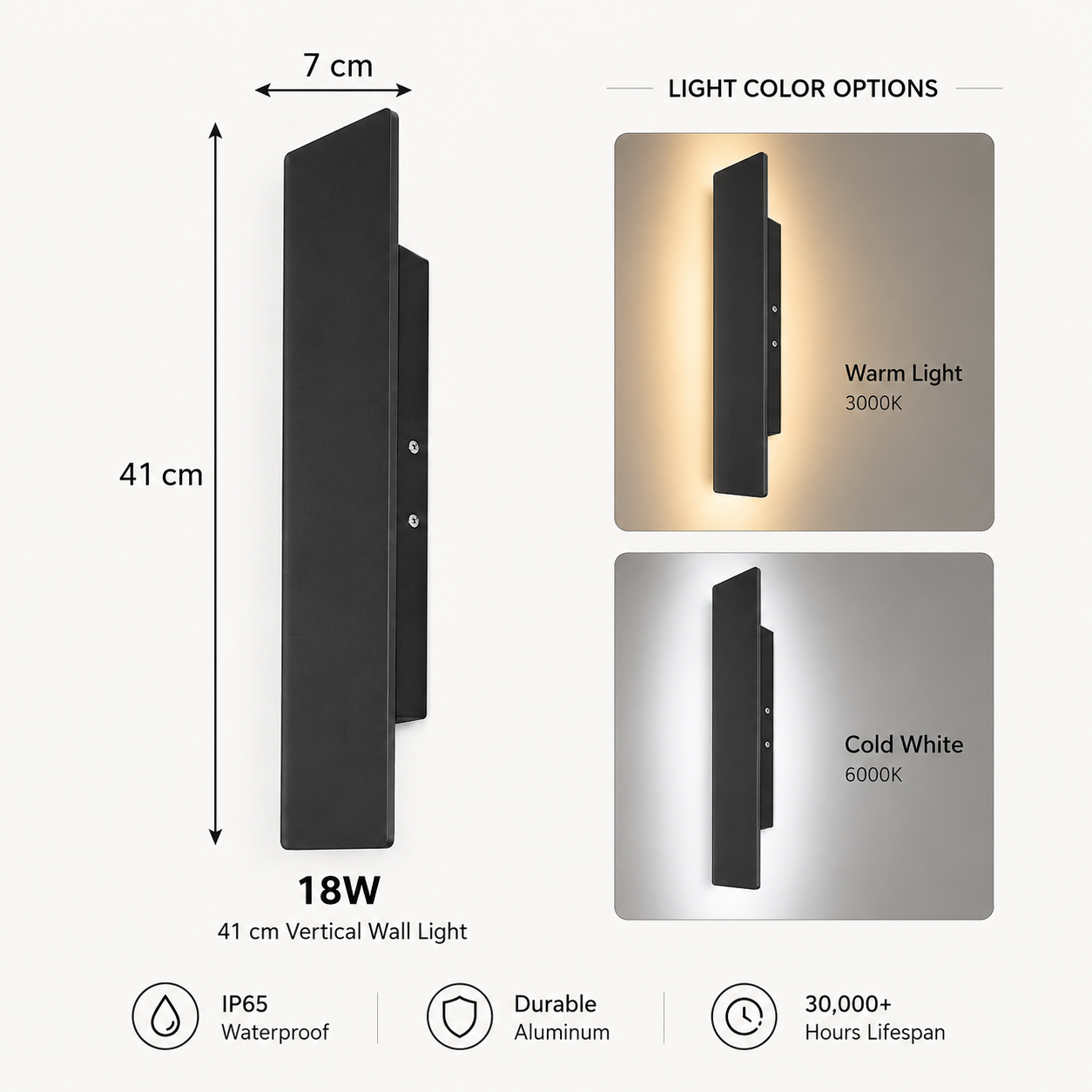 Size guide for Ovara Modern IP65 Outdoor Wall Light, 18W black wall light, 41 cm height, available in warm light and cold white.