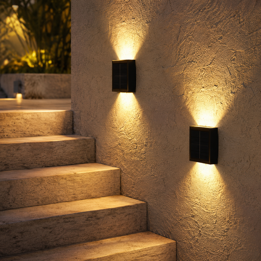 2-pack solar outdoor up and down wall lights illuminating modern exterior stairs with warm light