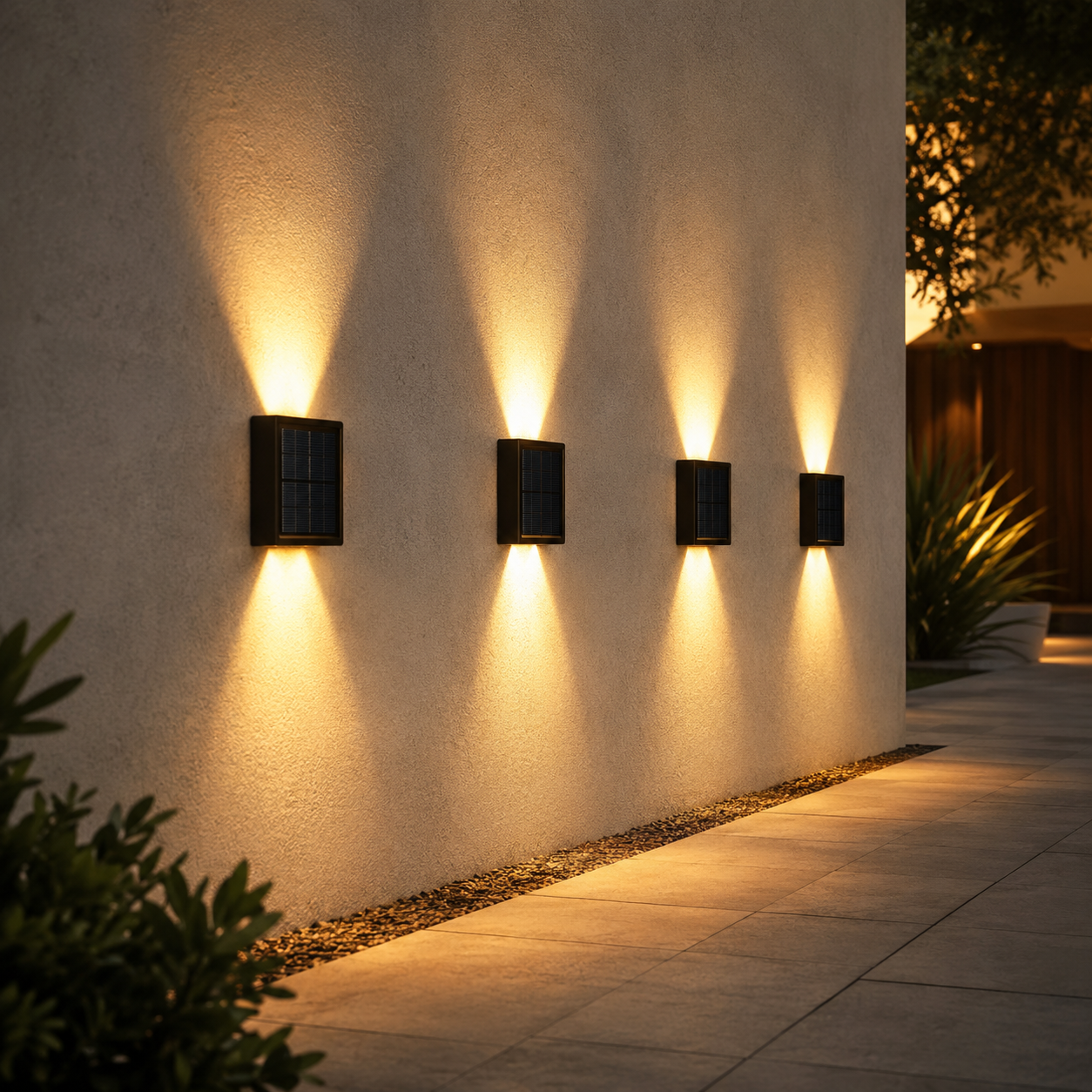 4-pack solar outdoor wall lights installed along a modern walkway with warm ambient lighting