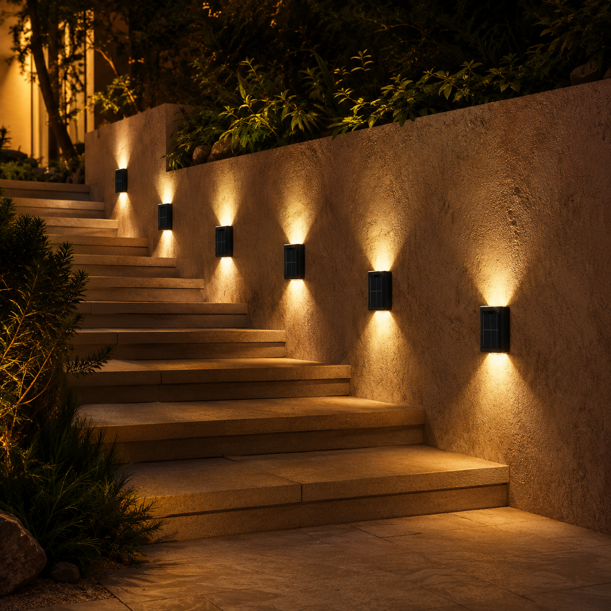 6-pack solar outdoor up and down wall lights brightening a modern home entrance at dusk