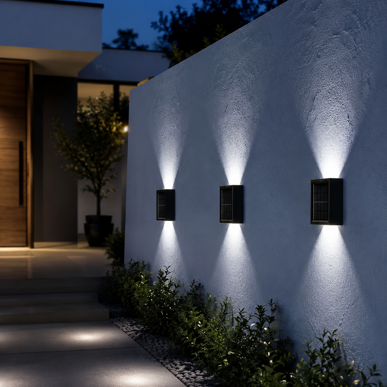 Solar outdoor wall lights casting warm up and down beams on exterior stairs at night