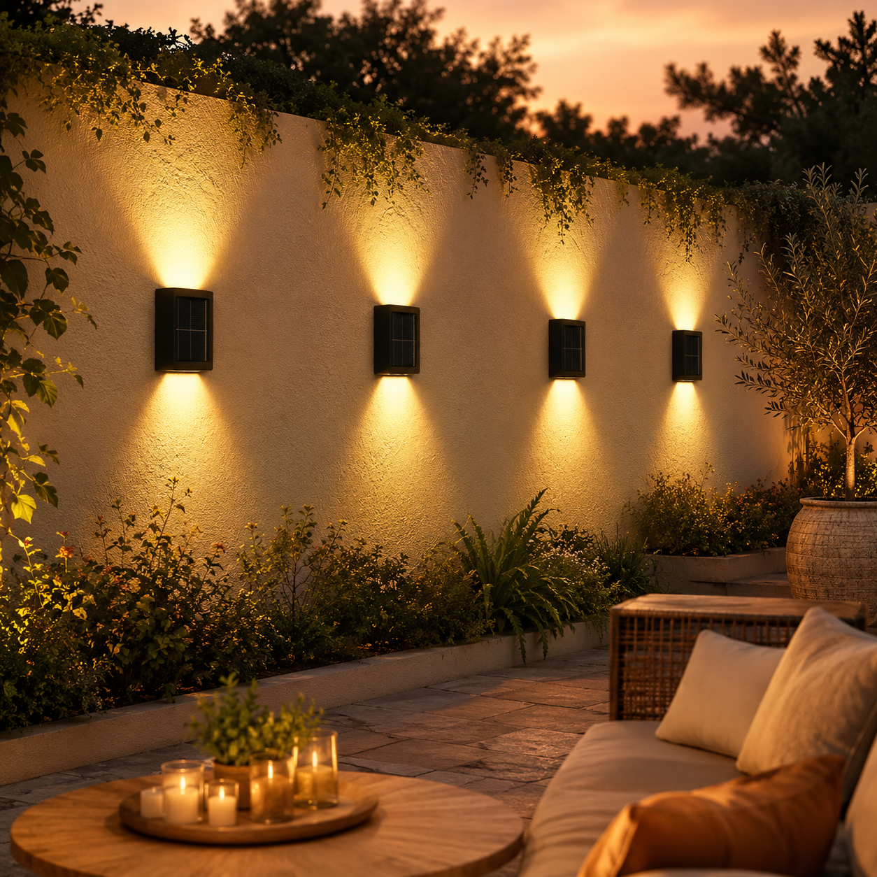 Solar wall lights creating a warm evening atmosphere on a modern outdoor patio